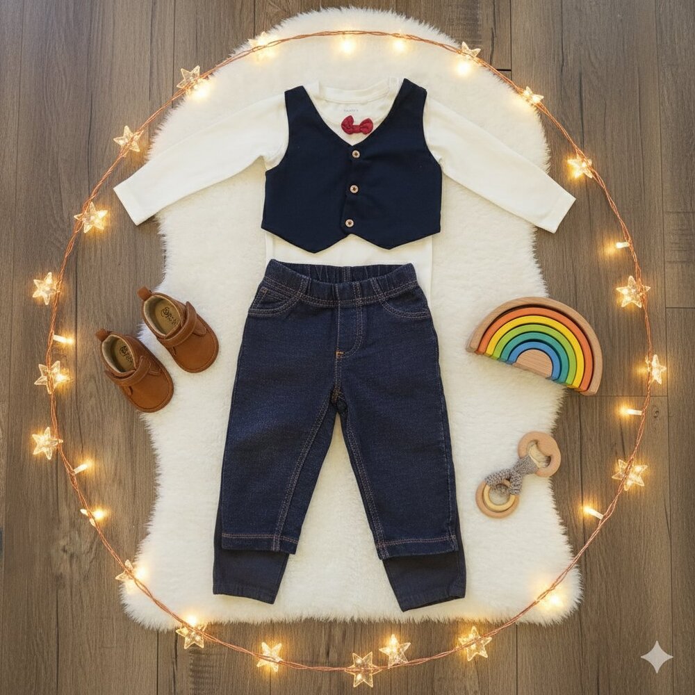 Baby Boy 3-Piece Outfit Set – Long Sleeve Top & 2 Denim Pants | Size 6-12M